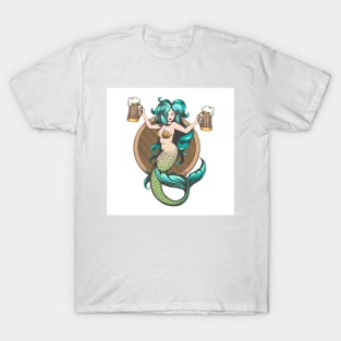 Mermaid With Mugs of Beer Tattoo Illustration T-Shirt